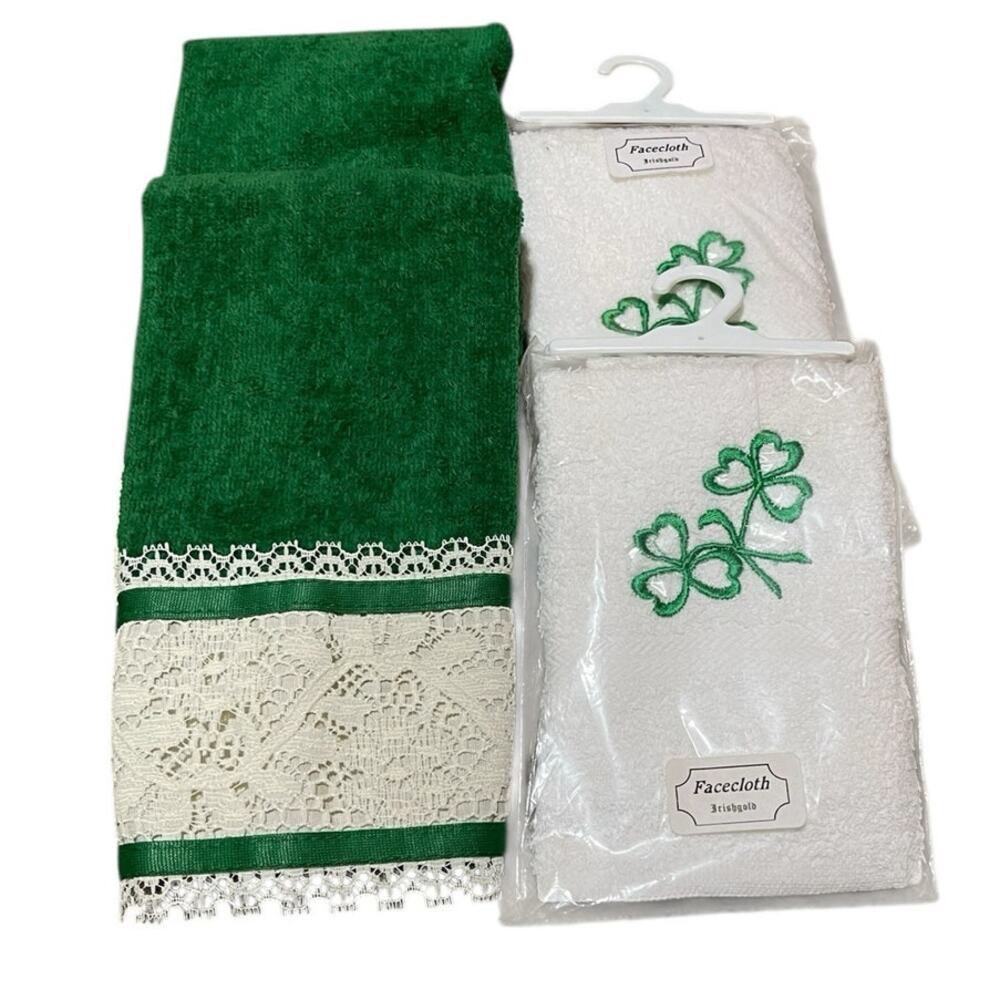 Vintage Two NEW Embroidered Shamrock Irish Facecloths and Green Lace Handtowels